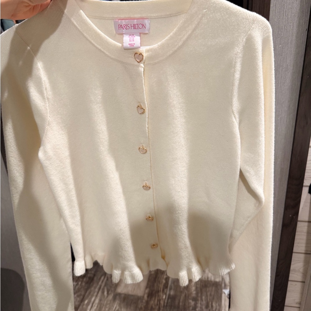Paris Hilton Ivory Cardigan with Gold Heart Buttons